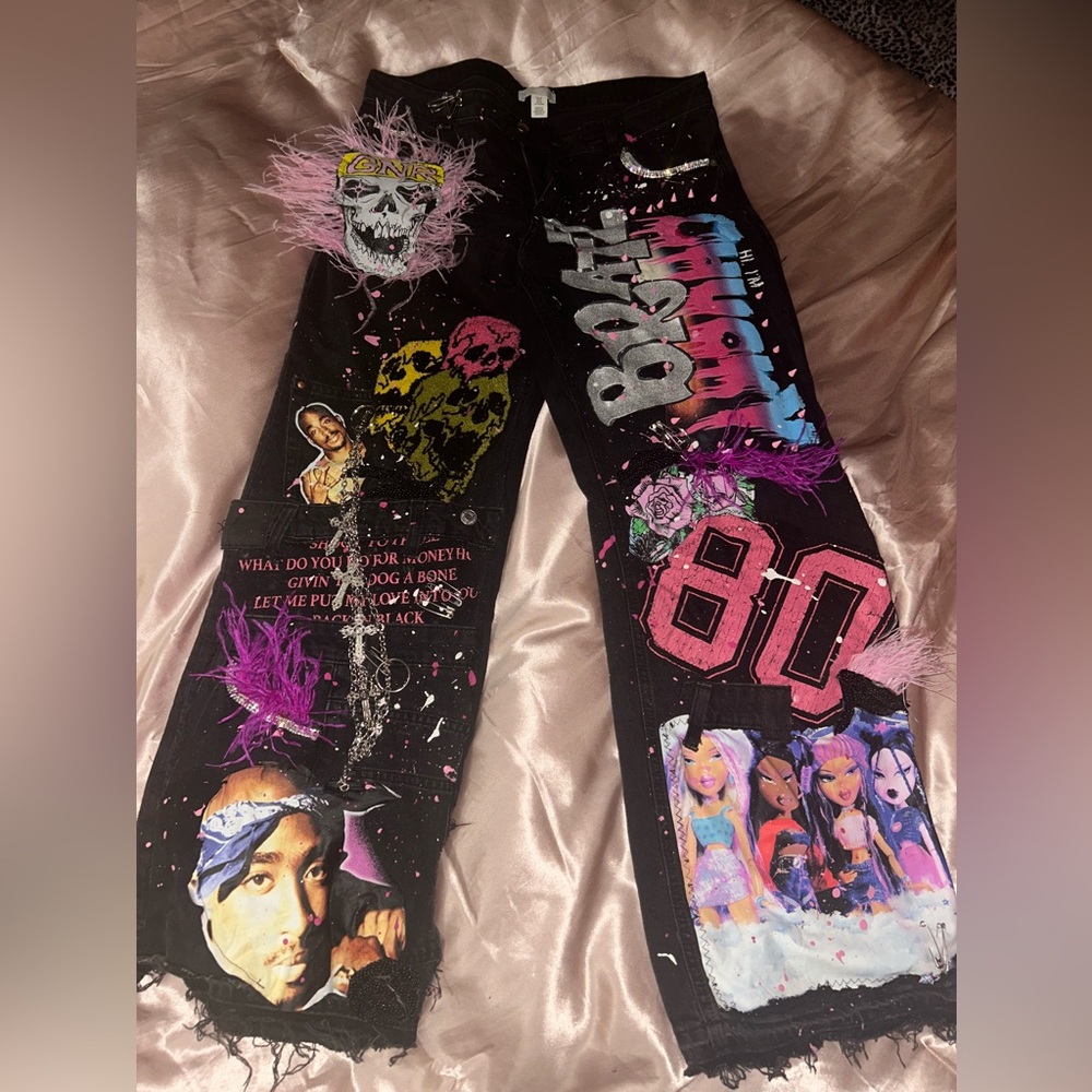 Size 12/14 black acid wash customize jeans